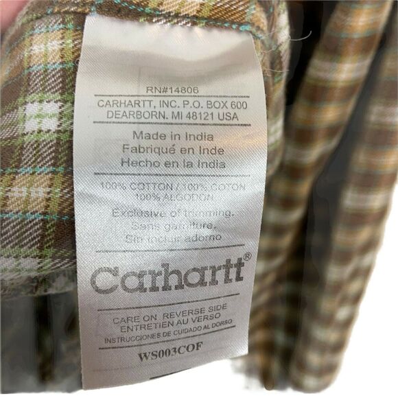 Carhartt Shirt Brush Popper Women's Tan Brown Plaid Long Sleeves Collared Size M - Picture 5 of 13
